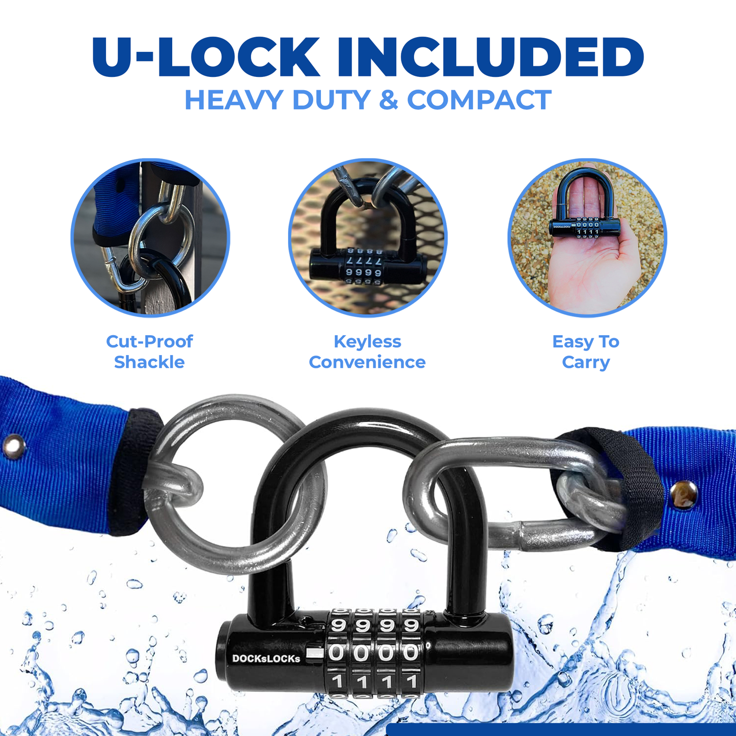 DocksLocks® Heavy Duty Cinch Style 8mm Security Chain - (3ft, 6ft or 10ft) - Weatherproof and Cut Proof with Short Shackle U-Lock