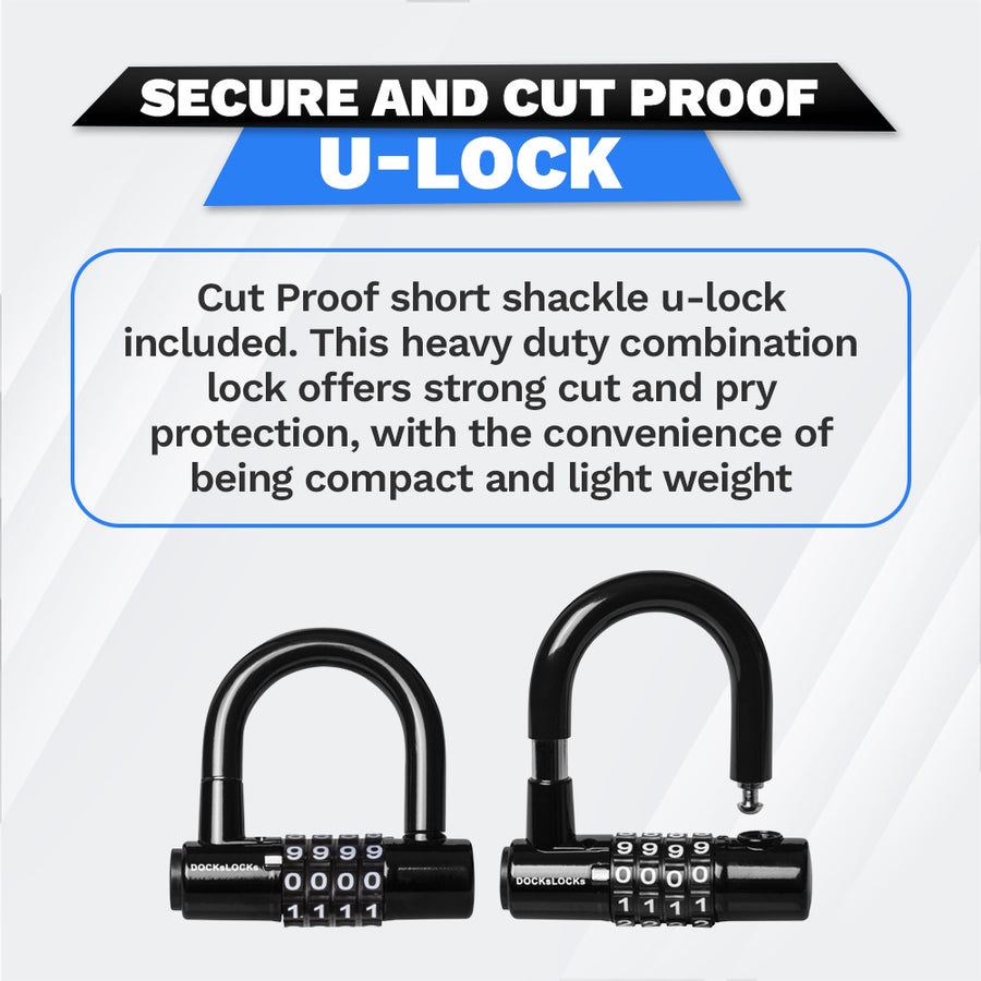 Câble de sécurité droit antivol DocksLocks® résistant aux intempéries avec  cadenas à combinaison réinitialisable (5', 10', 15', 20' ou 25')